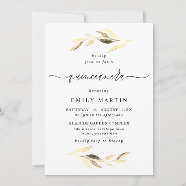 Elegant Golden Leaf Quinceanera Party Invitation (Front)