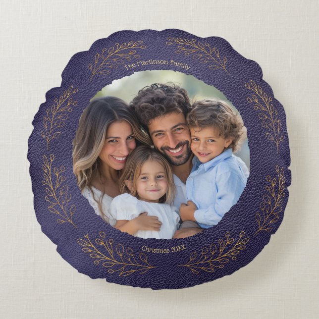 Elegant Golden Leaves Family Photo Christmas Blue Round Cushion (Front)