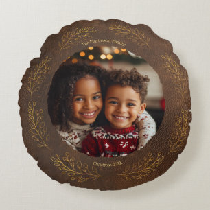 Elegant Golden Leaves Family Photo Christmas Brown Round Cushion