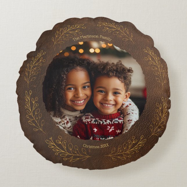 Elegant Golden Leaves Family Photo Christmas Brown Round Cushion (Front)