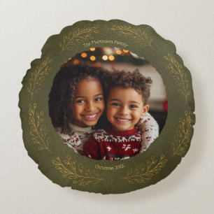 Elegant Golden Leaves Family Photo Christmas Green Round Cushion