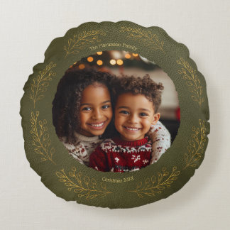 Elegant Golden Leaves Family Photo Christmas Green Round Cushion