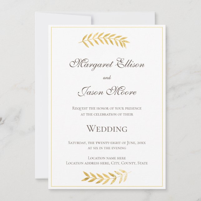 Elegant Golden Leaves Gold and Brown Wedding Invitation (Front)