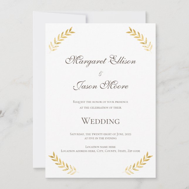 Elegant Golden Leaves Gold and Brown Wedding Invitation (Front)