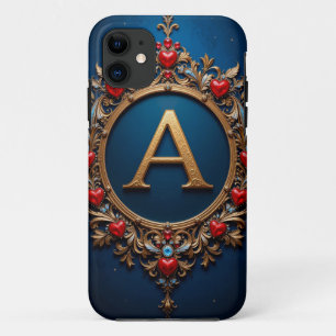 Elegant Golden Letter A Surrounded by Hearts iPhone 11 Case