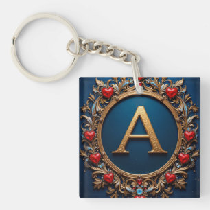 Elegant Golden Letter A Surrounded by Hearts Key Ring