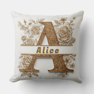 Elegant Golden Letter A with Delicate Flowers Cushion