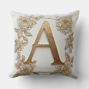 Elegant Golden Letter A with Delicate Flowers Cushion
