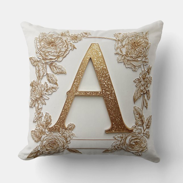 Elegant Golden Letter A with Delicate Flowers Cushion (Front)