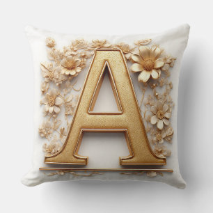 Elegant Golden Letter A with Delicate Flowers Cushion