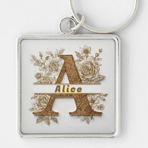 Elegant Golden Letter A with Delicate Flowers Key Ring
