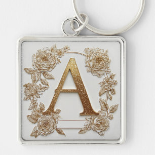 Elegant Golden Letter A with Delicate Flowers Key Ring