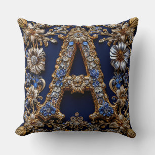 Elegant Golden Letter "A" With Ornate Floral Decor Cushion