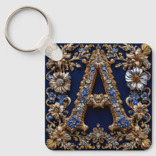 Elegant Golden Letter "A" With Ornate Floral Decor Key Ring