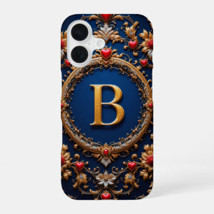 Elegant Golden Letter B Surrounded by Hearts iPhone 16 Case