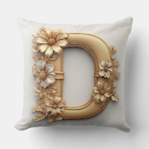 Elegant Golden Letter D with Delicate Flowers Cushion