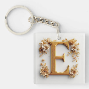 Elegant Golden Letter E with Delicate Flowers Key Ring