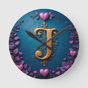 Elegant Golden Letter J Inspired by Love and Natur Round Clock
