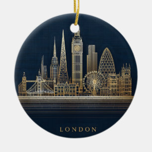 Elegant Golden London City Skyline Illustration Ceramic Tree Decoration