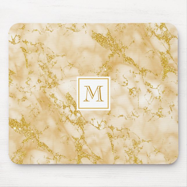 Elegant Golden Marble Monogram Faux Gold Glitter Mouse Mat (Front)