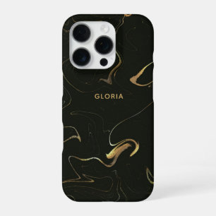 Elegant Golden Marble on Black Effect Custom Name iPhone 16 Pro Case