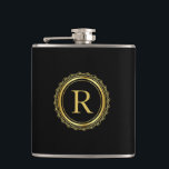 Elegant Golden Medallion Monogram Hip Flask<br><div class="desc">An elegant golden medallion and custom monogram. that you can personalise with your desired initial. Shown here in black,  the black background may be changed to the colour of your choice. Makes a great gift choice for birthdays,  Father's Day,  groomsmen,  Christmas and more.</div>