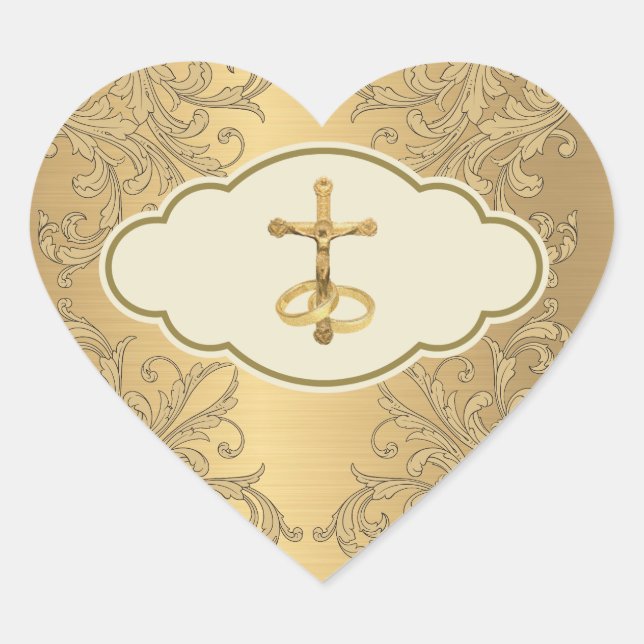 Elegant Golden Metallic Crucifix Wedding Rings  Heart Sticker (Front)