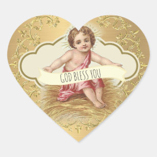 Elegant Golden Metallic Gold Baby Jesus Heart Sticker