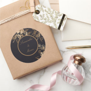 Elegant Golden Metallic Roses Floral Wedding Class Classic Round Sticker