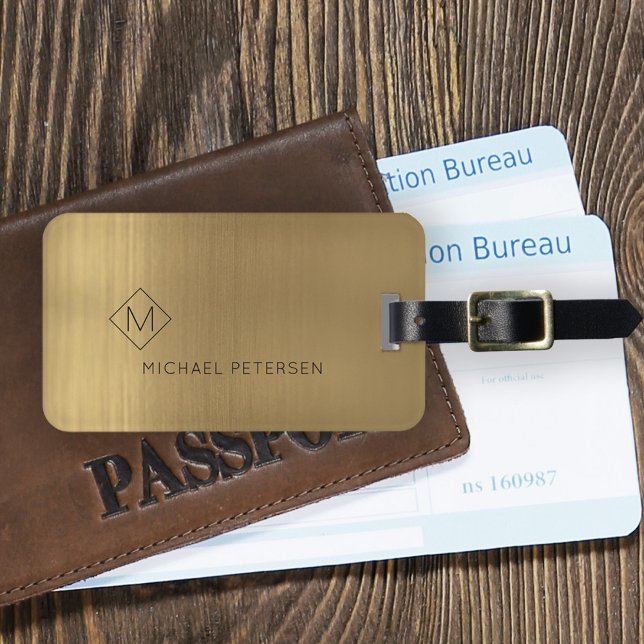Elegant golden monogrammed name modern luggage tag (Creator Uploaded)