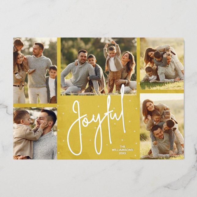 Elegant Golden Multi Photo Joyful Silver Foil Holiday Card (Front)