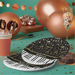 Elegant golden music notes piano keys paper plate