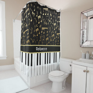 Elegant golden music notes piano keys shower curtain