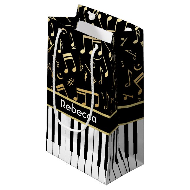 Elegant golden music notes piano keys small gift bag (Front Angled)