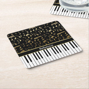 Elegant golden music notes piano keys square paper coaster