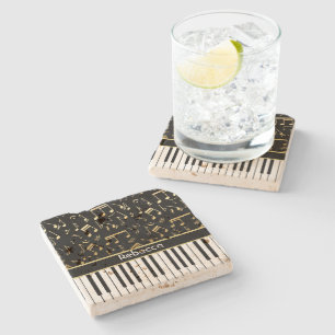 Elegant golden music notes piano keys stone coaster