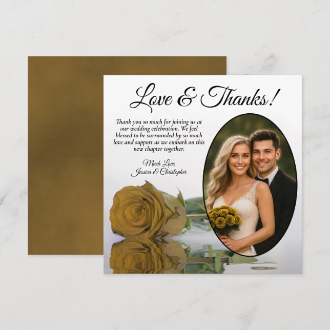 Elegant Golden Ochre Rose Oval Photo Wedding Thank You Card (Front/Back)