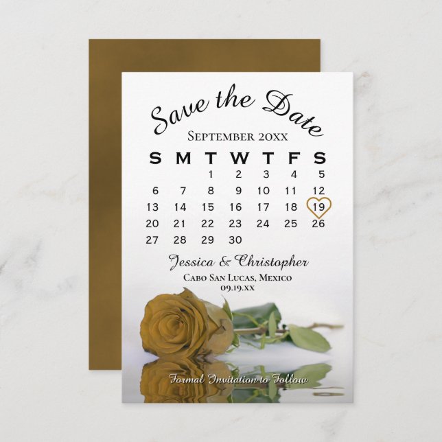 Elegant Golden Ochre Rose Wedding Calendar Save The Date (Front/Back)