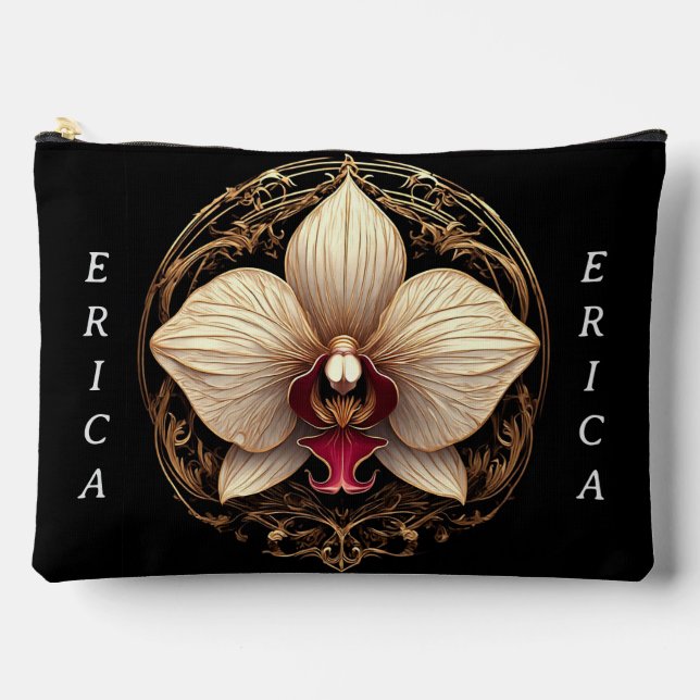 Elegant Golden Orchid Design Accessory Pouch (Front)