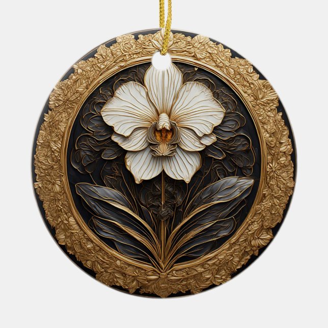 Elegant Golden Orchid Design Ceramic Tree Decoration (Front)