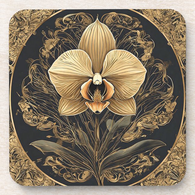 Elegant Golden Orchid Design Coaster (Front)