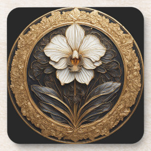 Elegant Golden Orchid Design Coaster