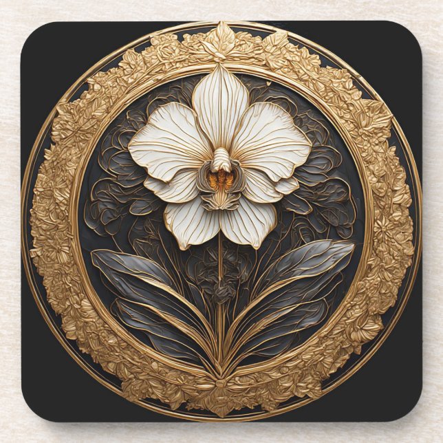 Elegant Golden Orchid Design Coaster (Front)