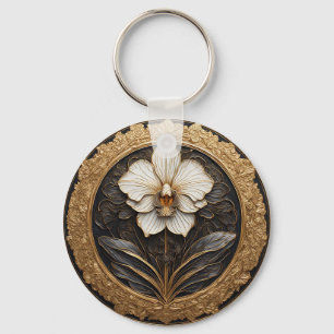 Elegant Golden Orchid Design Key Ring