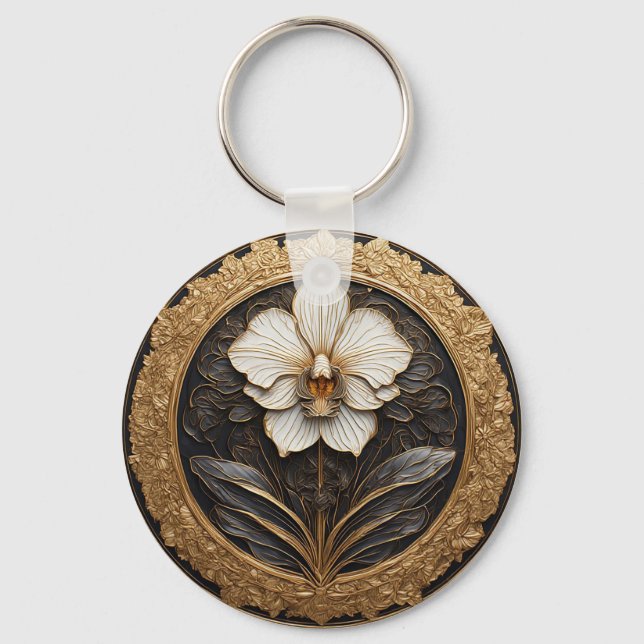 Elegant Golden Orchid Design Key Ring (Front)