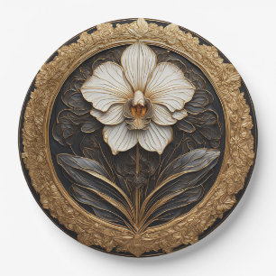 Elegant Golden Orchid Design Paper Plate
