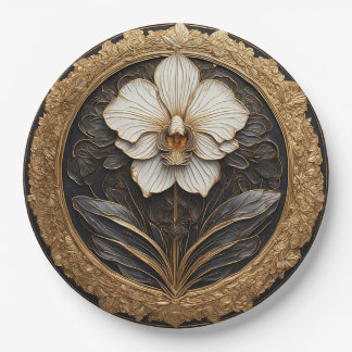 Elegant Golden Orchid Design Paper Plate