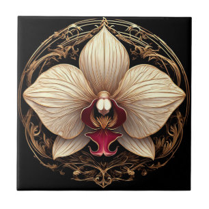 Elegant Golden Orchid Design Tile
