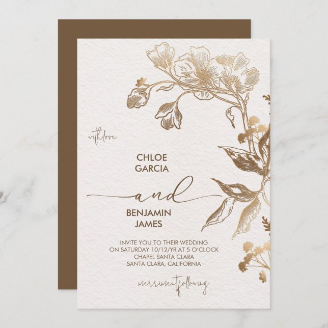 Elegant Golden Orchid Wedding Invitation (Front/Back)