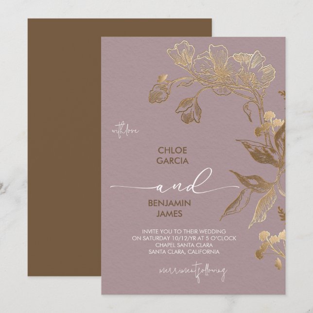 Elegant Golden Orchid Wedding Invitation (Front/Back)